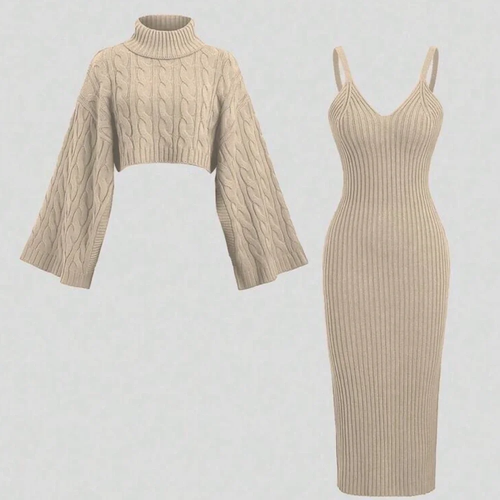 Sweater cable knit dress and turtleneck 2PC SET Beige KHAKI Knit Sweater Dress - Picture 3 of 3